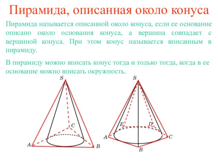 Пирамида, описанная около конусаПирамида называется описанной около конуса, если ее основание