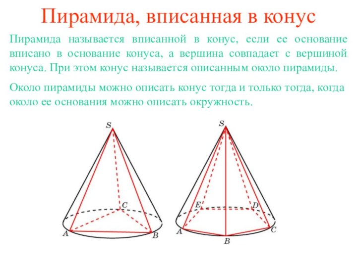 Пирамида, вписанная в конусПирамида называется вписанной в конус, если ее основание вписано