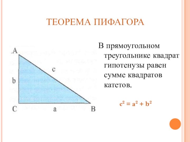 ТЕОРЕМА ПИФАГОРАВ прямоугольном треугольнике квадрат гипотенузы равен сумме