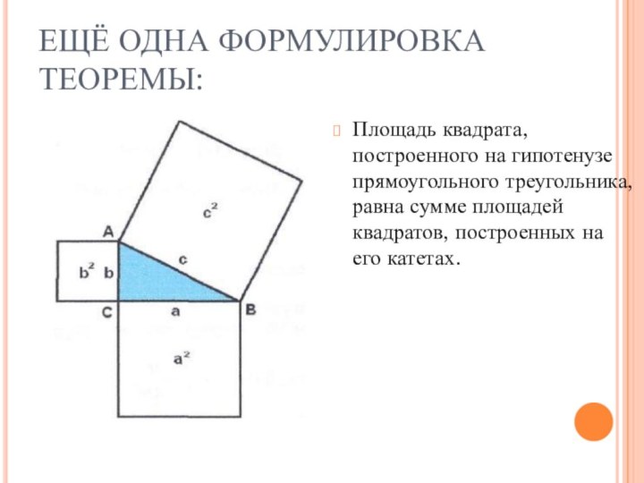 ЕЩЁ ОДНА ФОРМУЛИРОВКА ТЕОРЕМЫ:Площадь квадрата, построенного на гипотенузе прямоугольного треугольника, равна сумме