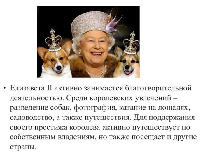 Елизавета II активно занимается благотворительной деятельностью. Среди королевских увлечений – разведение собак,