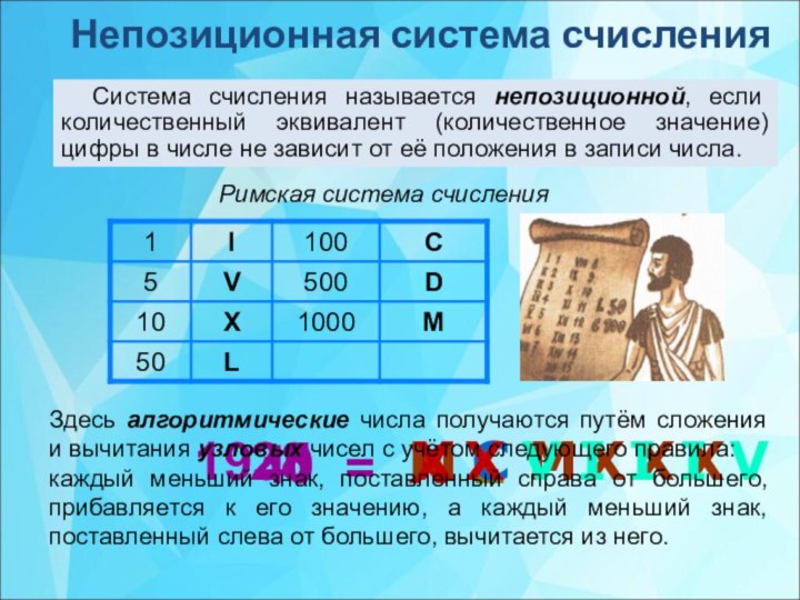 Римская система счисления40=XL1935MCMXXX28XXVIIIVНепозиционная система счисленияСистема счисления называется непозиционной, если количественный эквивалент (количественное