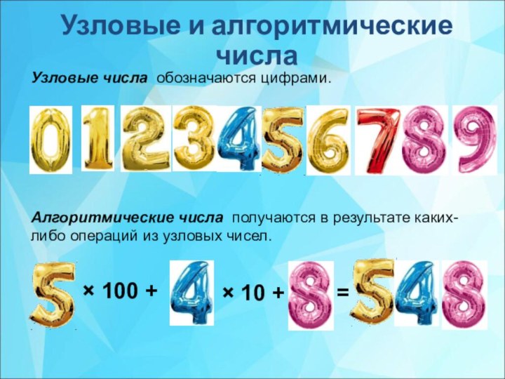 Узловые числа обозначаются цифрами.Узловые и алгоритмические числаАлгоритмические числа получаются в результате каких-либо