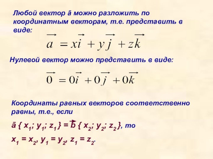 Любой вектор ā можно разложить по координатным векторам, т.е. представить в виде:Нулевой