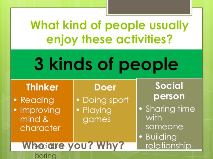 What kind of people usually enjoy these activities? adventurous cautious creative fit