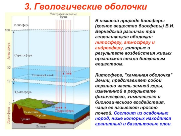 3. Геологические оболочкиВ неживой природе биосферы (косное вещество биосферы) В.И.Вернадский различал три