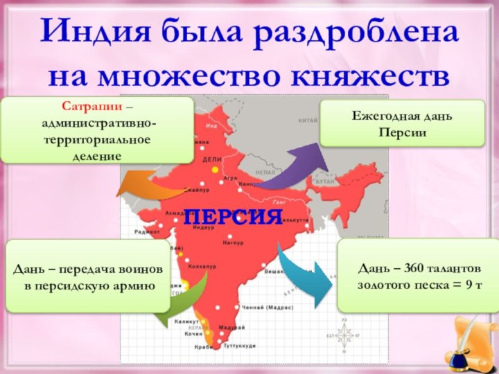 Индия была раздроблена на множество княжеств Ежегодная дань ПерсииСатрапии – административно-территориальное делениеДань