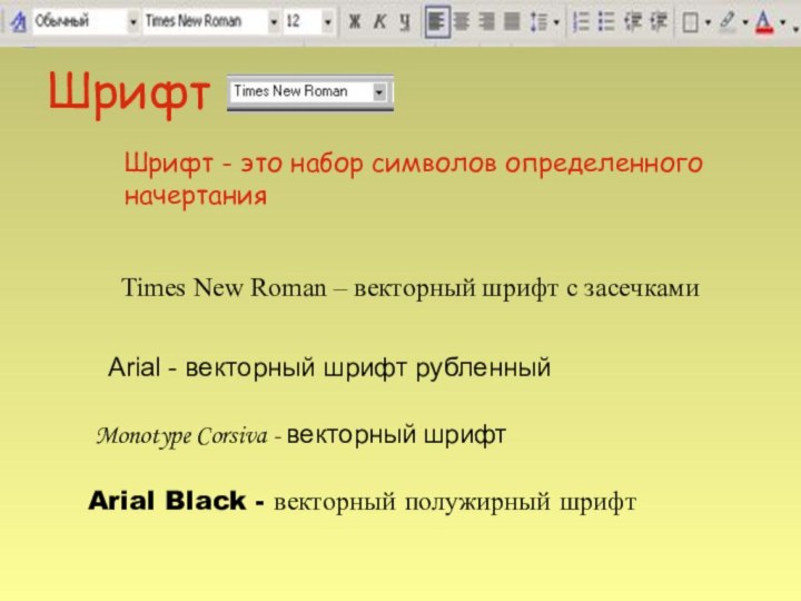 ШрифтШрифт - это набор символов определенного начертанияTimes New Roman – векторный шрифт