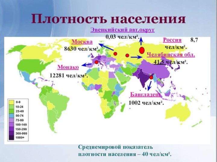 Плотность населенияМонако 12281 чел/км². Бангладеш 1002 чел/км². Эвенкийский авт.округ0,03 чел/км².Россия
