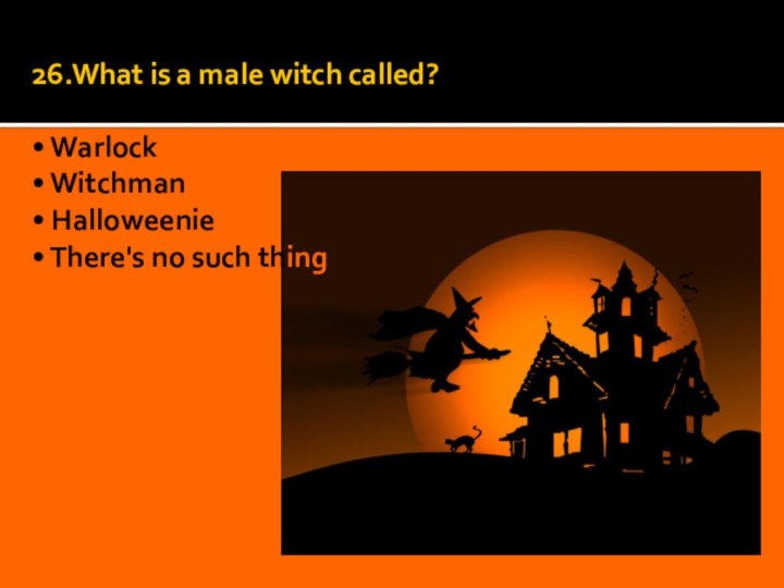 26.What is a male witch called?  • Warlock • Witchman •