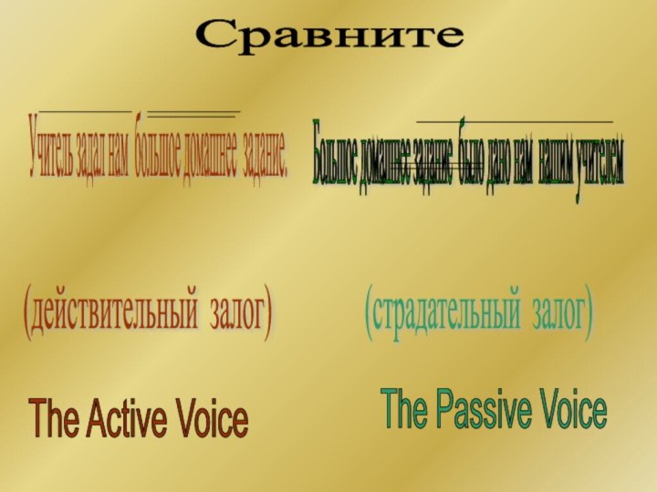 The Active Voice The Passive Voice (действительный залог) (страдательный залог) Сравните Большое