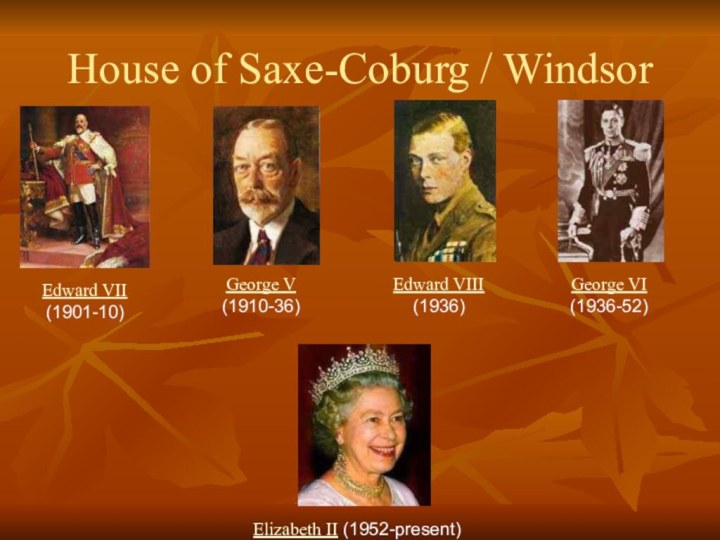 House of Saxe-Coburg / WindsorEdward VII (1901-10) George V (1910-36) Edward VIII
