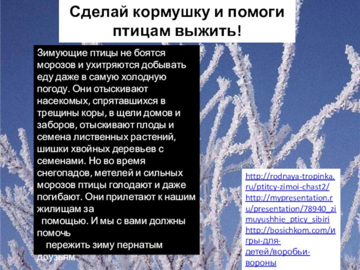http://rodnaya-tropinka.ru/ptitcy-zimoi-chast2/http://mypresentation.ru/presentation/78940_zimuyushhie_pticy_sibirihttp://bosichkom.com/игры-для-детей/воробьи-вороныЗимующие птицы не боятся морозов и ухитряются добывать еду даже в самую
