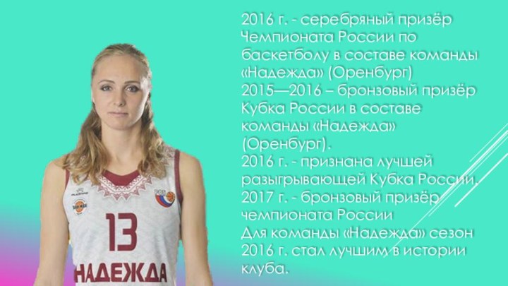 2016 г. - серебряный призёр Чемпионата России по баскетболу в составе команды «Надежда»