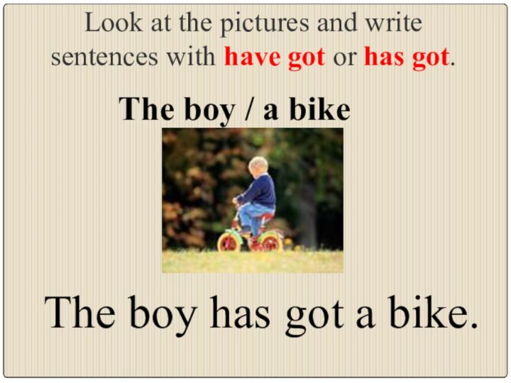 Look at the pictures and write sentences with have got or has