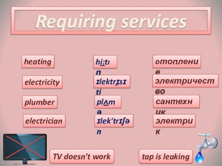 Requiring servicesheatinghi:tıŋoтоплениеTV doesn’t worktap is leakingelectricityɪlektrɪ̱sɪtiэлектричествоplumberplʌməсантехникelectricianɪlek'trɪʃənэлектрик