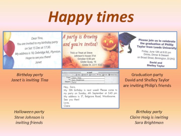 Happy timesBirthday partyJanet is inviting TinaHalloween partySteve Johnson is inviting friendsGraduation partyDavid and Shelley