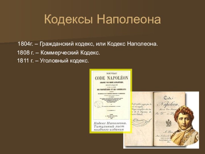 Кодексы Наполеона 1804г. – Гражданский кодекс, или Кодекс Наполеона.  1808 г.