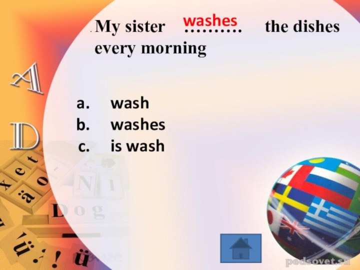 . My sister  ……….   the dishes every morningwashwashesis washwashes