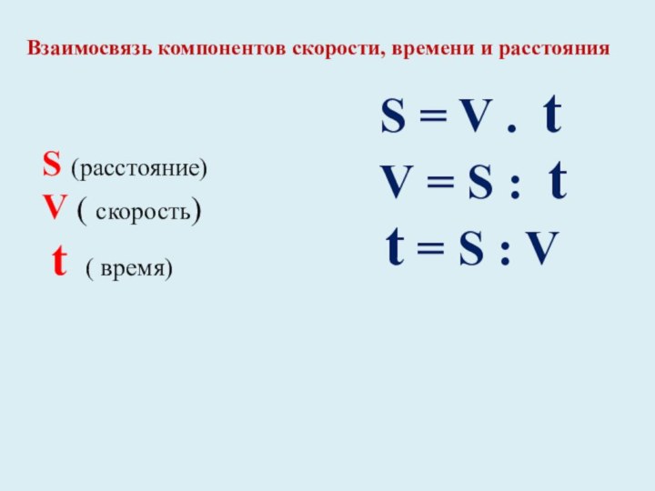 S (расстояние)V ( скорость) t ( время)S = V . tV =