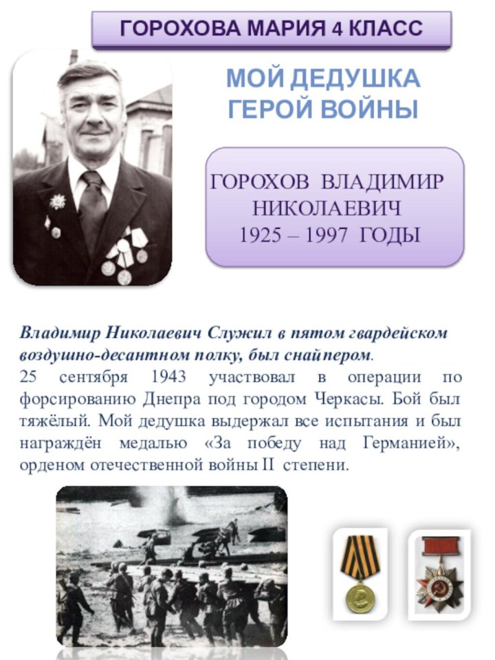 Мой дедушка герой войныГОРОХОВА МАРИЯ 4 КЛАССВладимир Николаевич Служил в пятом
