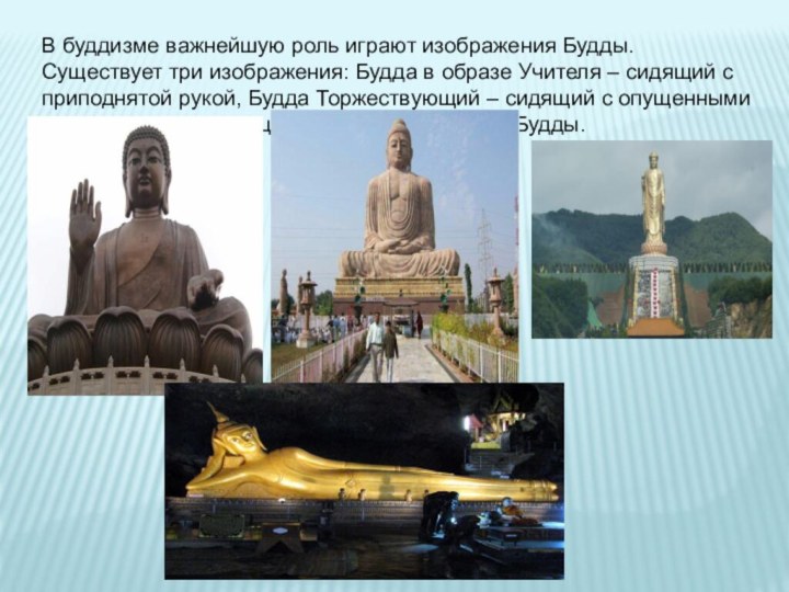 В буддизме важнейшую роль играют изображения Будды. Существует три изображения: Будда