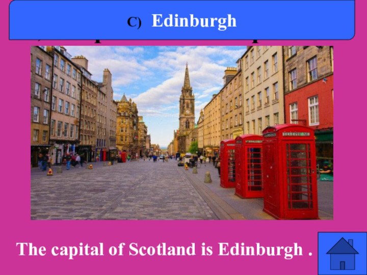 d) Leopards and elephants.c) EdinburghThe capital of Scotland is Edinburgh .