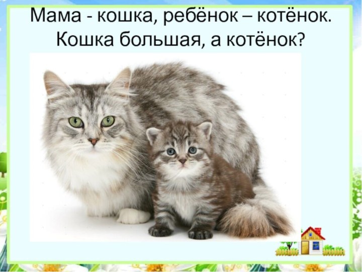 Мама - кошка, ребёнок – котёнок. Кошка большая, а котёнок?