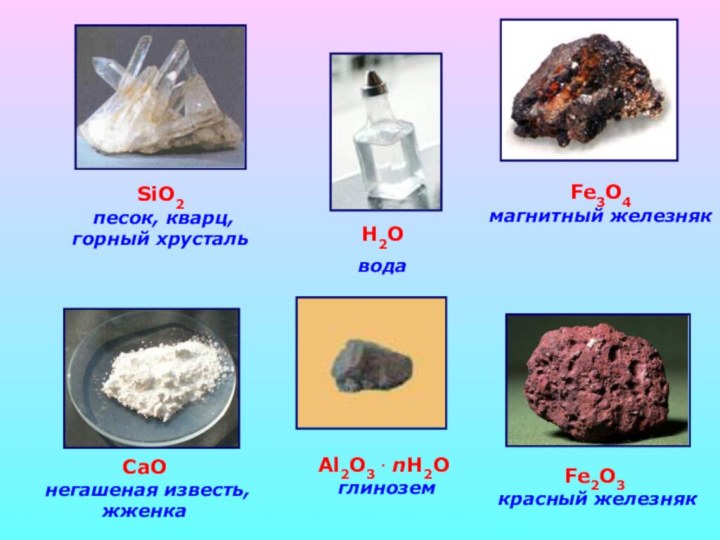 SiO2 песок, кварц, горный хрустальFe3O4 магнитный железнякCaO негашеная известь, жженкаН2ОводаFe2O3 красный железнякAl2O3 · nH2O глинозем