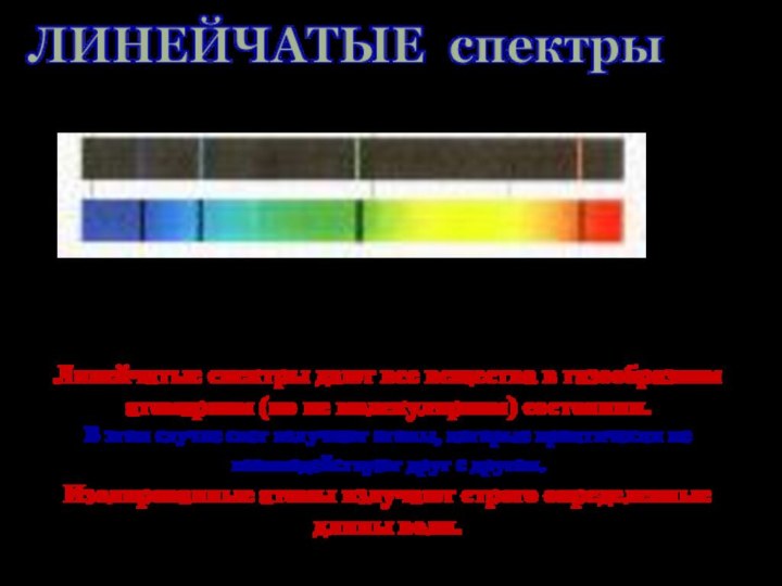 ЛИНЕЙЧАТЫЕ спектрыЛинейчатые спектры дают все вещества в газообразном атомарном (но не молекулярном)