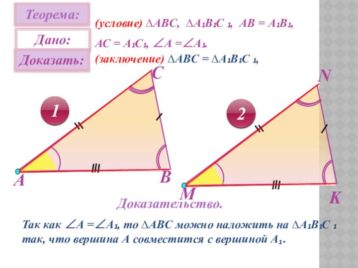Теорема:12(условие) ∆АВC, ∆А₁В₁С ₁, АВ = А₁В₁, АС = А₁С₁, ∠А =∠А₁.