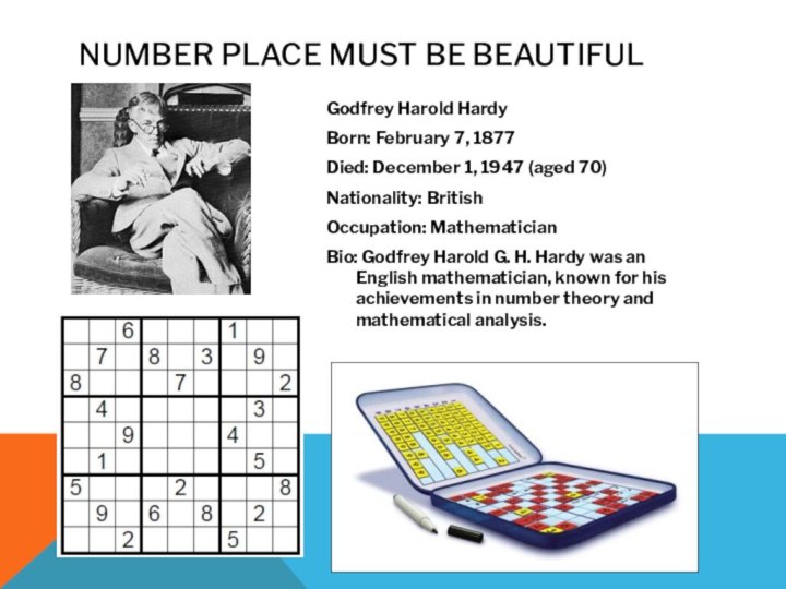 Number place must be beautifulGodfrey Harold Hardy Born: February 7, 1877Died: December