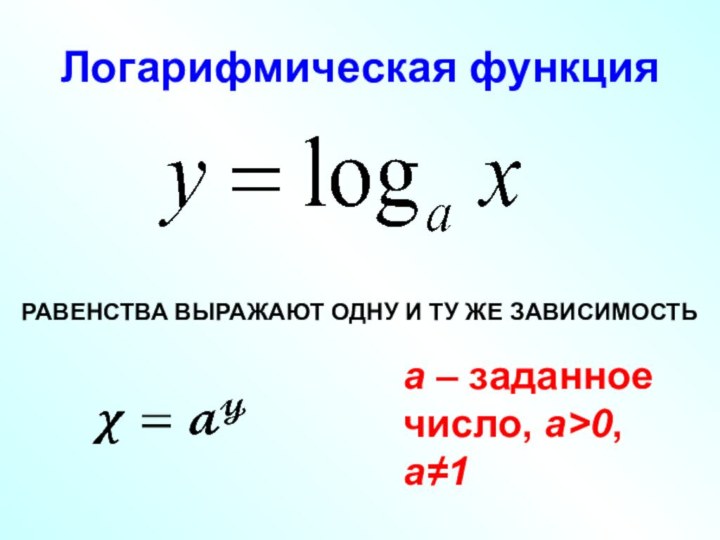 Логарифмическая функцияа – заданное число, а>0, а≠1 РАВЕНСТВА ВЫРАЖАЮТ ОДНУ И ТУ ЖЕ ЗАВИСИМОСТЬ