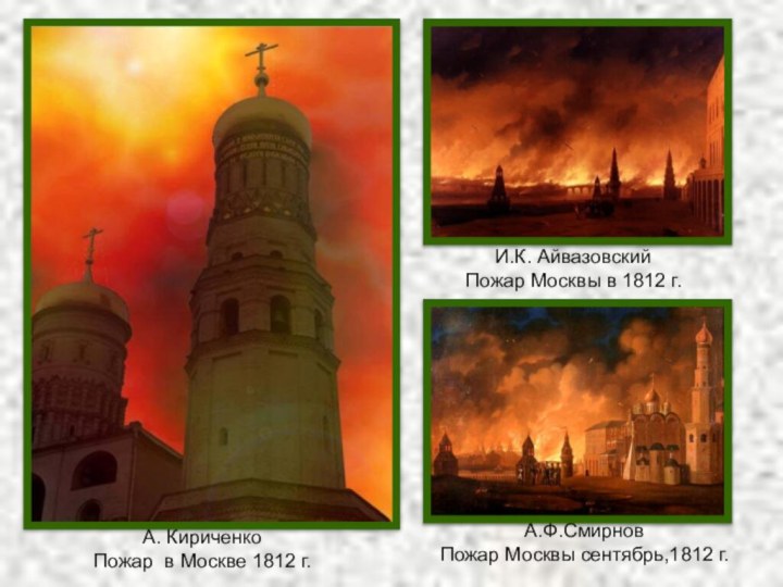 А.Ф.Смирнов Пожар Москвы сентябрь,1812 г.И.К. Айвазовский Пожар Москвы в 1812 г.А.