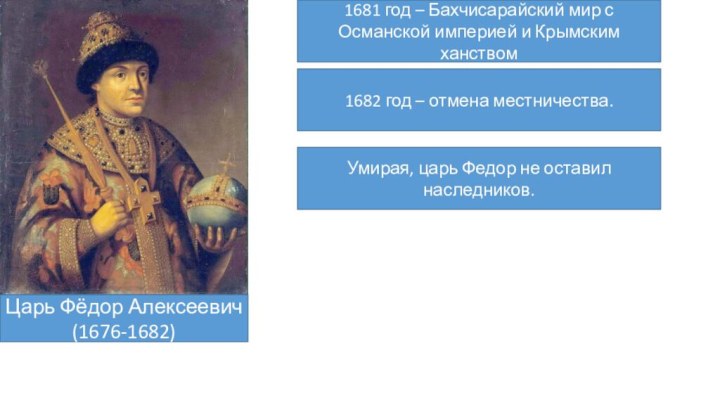 Царь Фёдор Алексеевич (1676-1682)1681 год – Бахчисарайский мир с Османской империей и Крымским ханством
