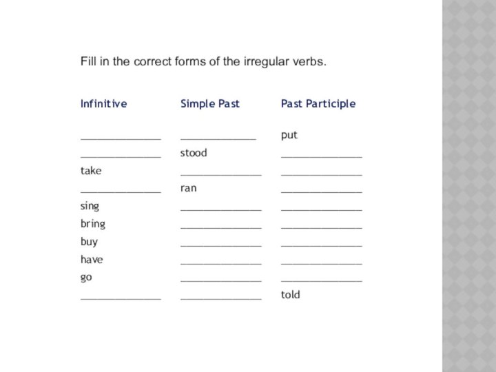 Fill in the correct forms of the irregular verbs.