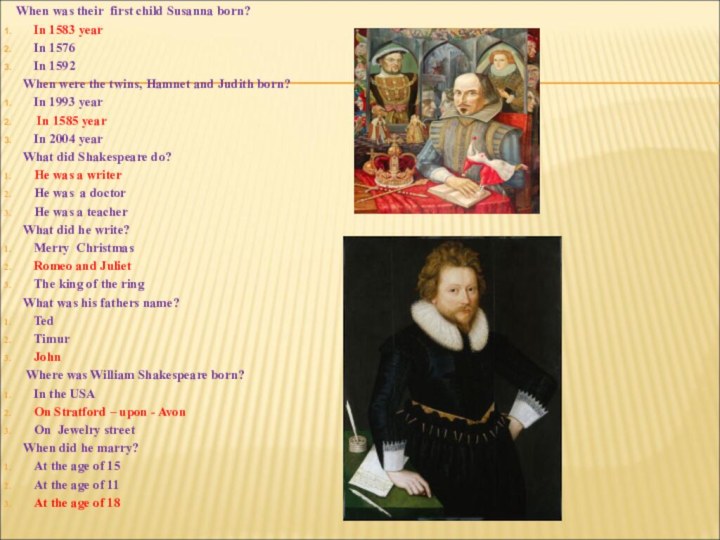 When was their first child Susanna born?In 1583 yearIn 1576In 1592