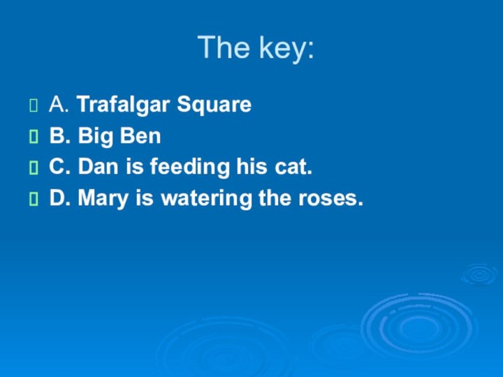 The key:A. Trafalgar SquareB. Big BenC. Dan is feeding his cat.D. Mary is watering the roses.