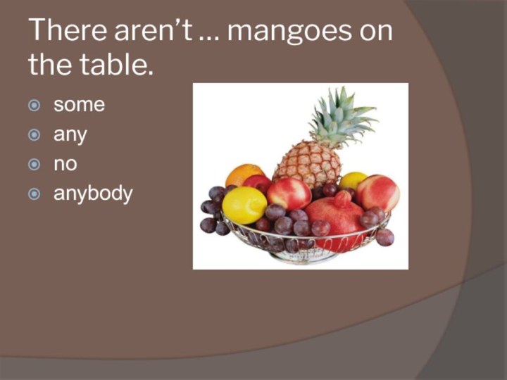 There aren’t … mangoes on the table.someanynoanybody