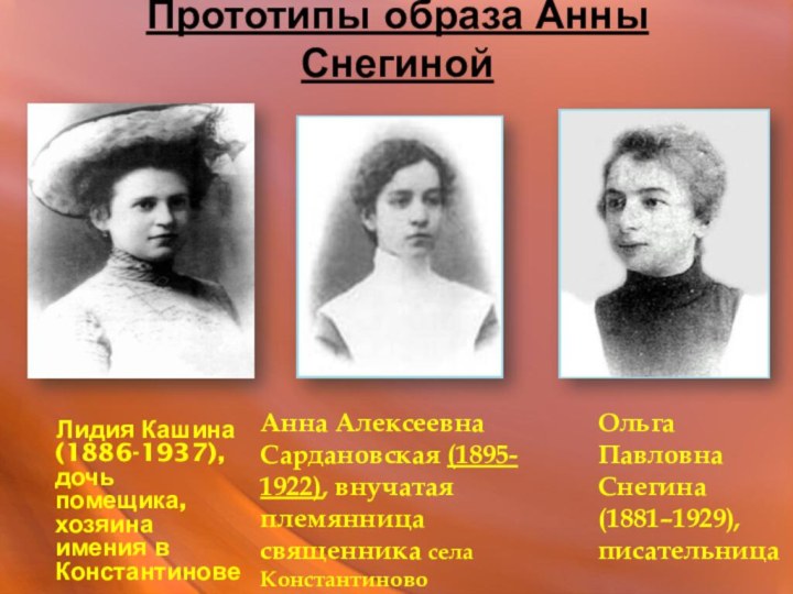 Прототипы образа Анны Снегиной   Лидия Кашина (1886-1937), дочь помещика, хозяина имения в