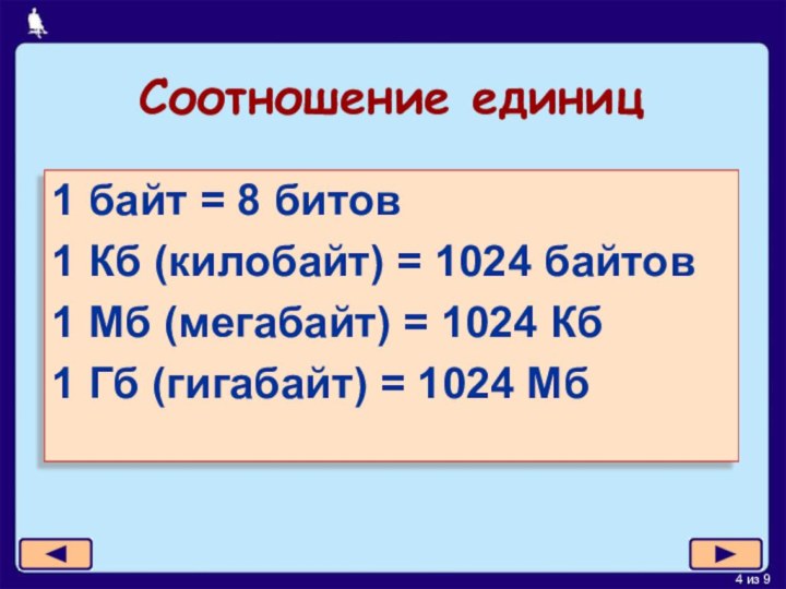 Соотношение единиц1 байт = 8 битов1 Кб (килобайт) = 1024 байтов1 Мб (мегабайт) =