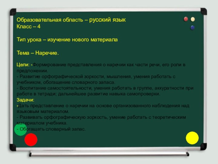 Образовательная область – русский языкКласс – 4Тип урока – изучение
