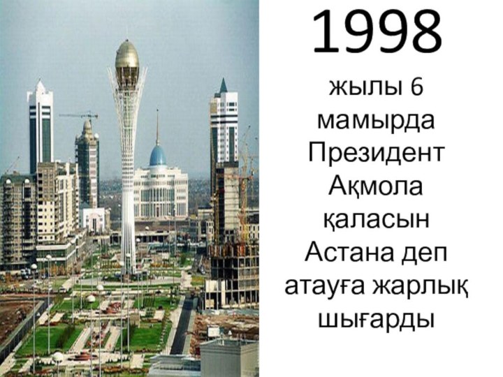 1998 жылы 6 мамырда Президент Ақмола қаласын Астана деп атауға жарлық шығарды