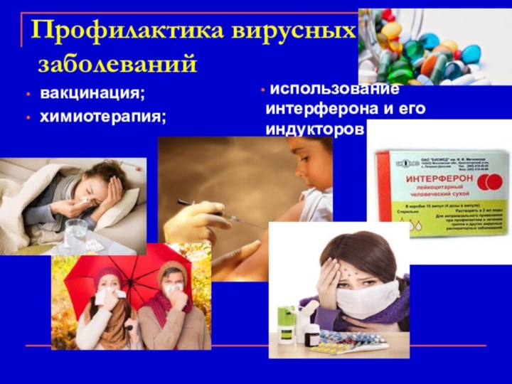 Профилактика вирусных  заболеваний вакцинация; химиотерапия; использование интерферона и его индукторов