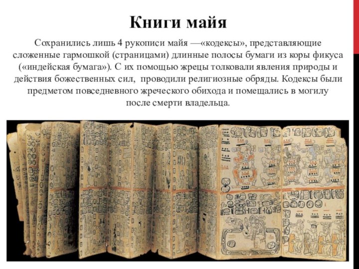 Сохранились лишь 4 рукописи майя —«кодексы», представляющие сложенные гармошкой (страницами) длинные полосы бумаги из