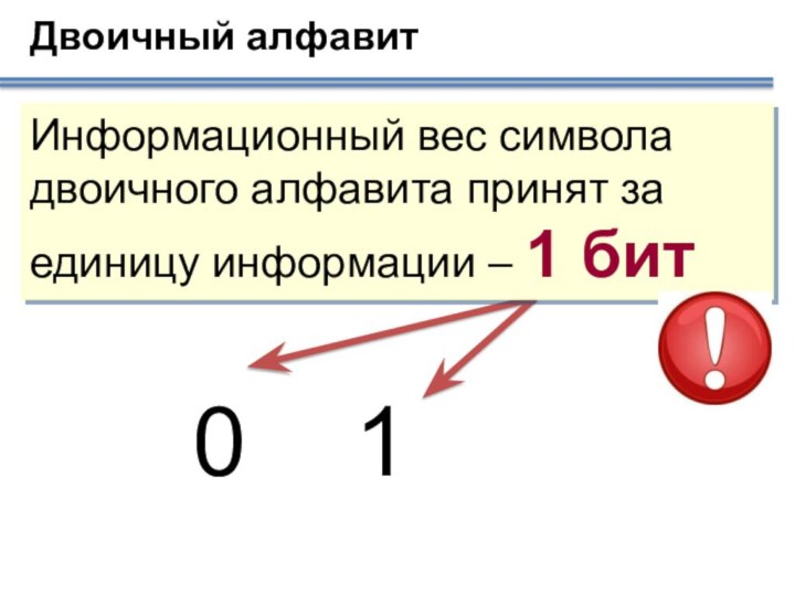Информационный вес символа двоичного алфавита принят за единицу информации – 1 битДвоичный алфавит01
