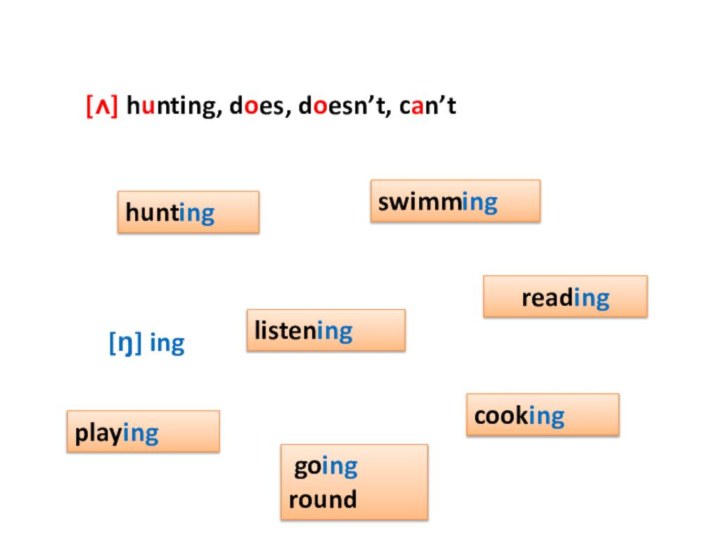 [ʌ] hunting, does, doesn’t, can’t [ŋ] inghuntingswimminglistening readingcookingplaying going round