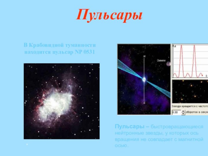 ПульсарыВ Крабовидной туманности находится пульсар NP 0531Пульсары – быстровращающиеся нейтронные звезды, у которых ось вращения не совпадает с магнитной осью.      *