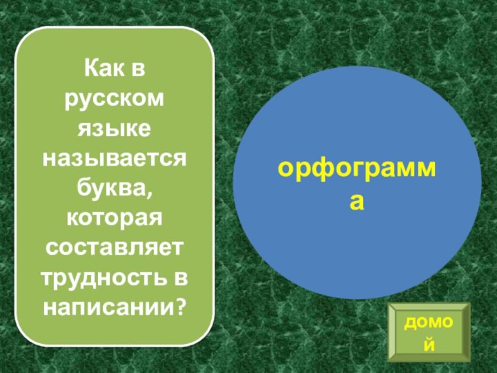 Как в русском языке называется буква, которая составляет трудность в написании?орфограммадомой