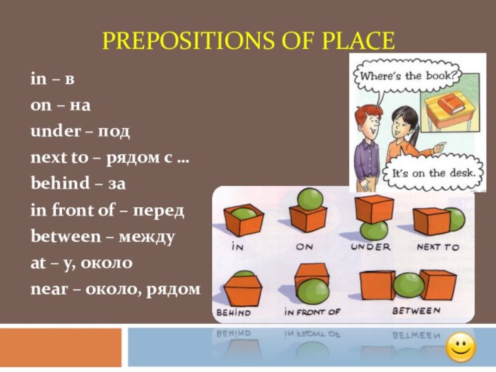Prepositions of placein – вon – наunder – подnext to – рядом с …behind – заin front of – передbetween